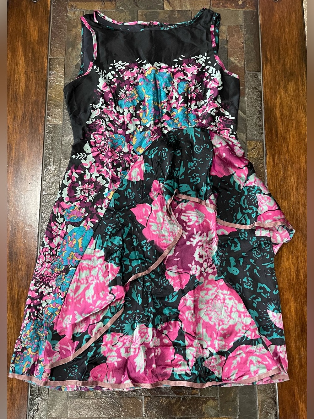 Nanette Lepore Black Floral Tiered Dress with Pink & Teal Accents